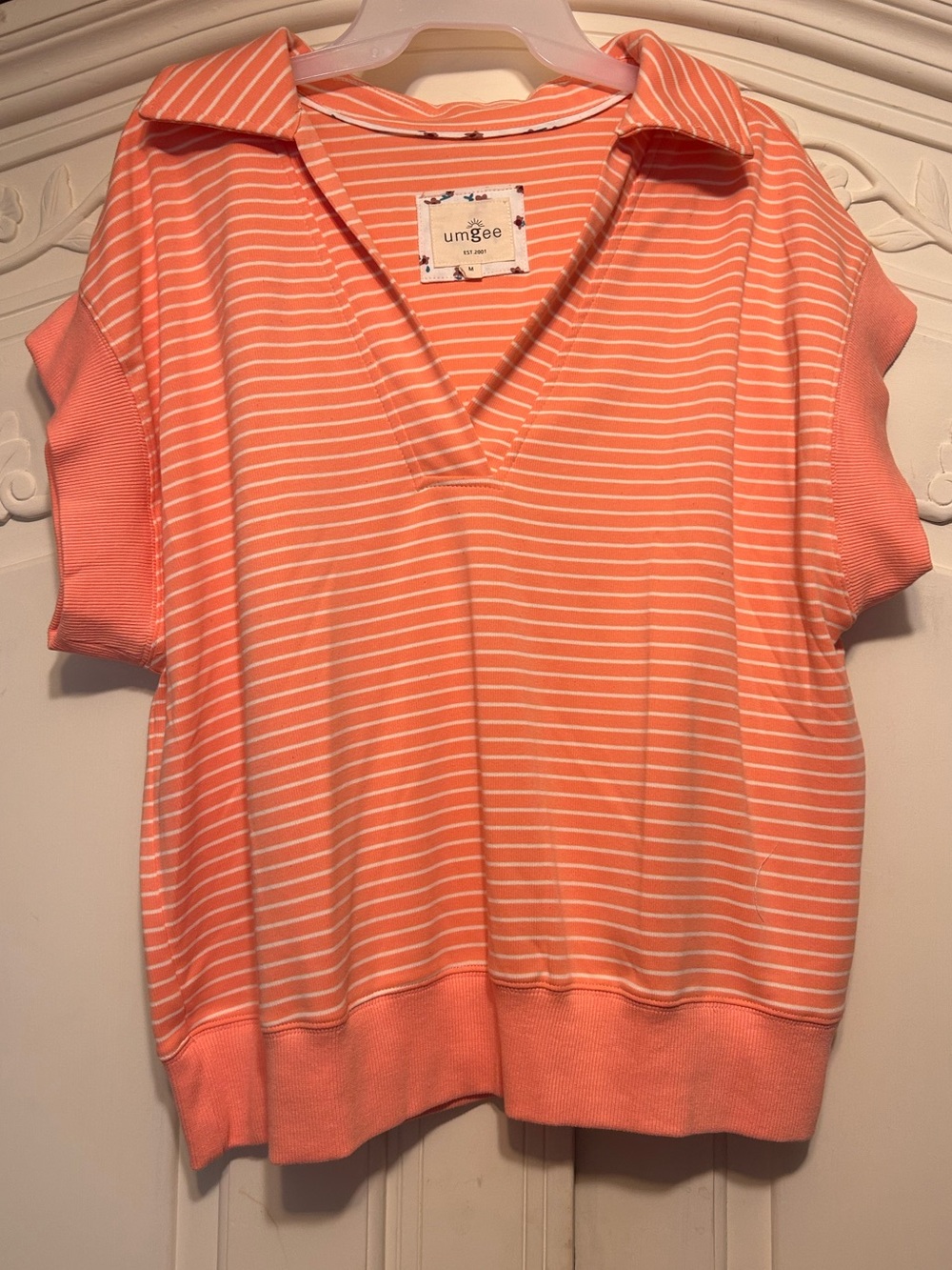Umgee Peach & White Striped Short Sleeve Polo Sweater
